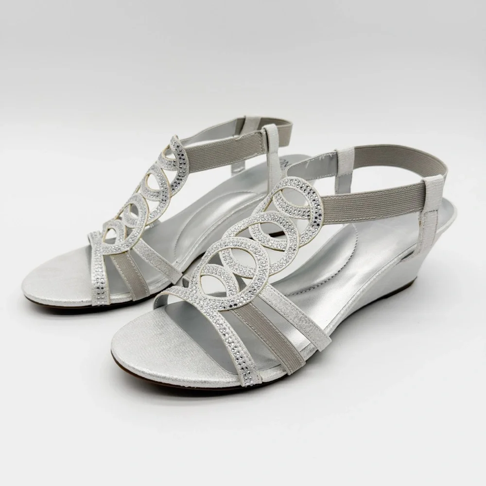 Jones New York Denice Strappy Bling Wedge Sandals Elastic Ankle Silver 7 NEW